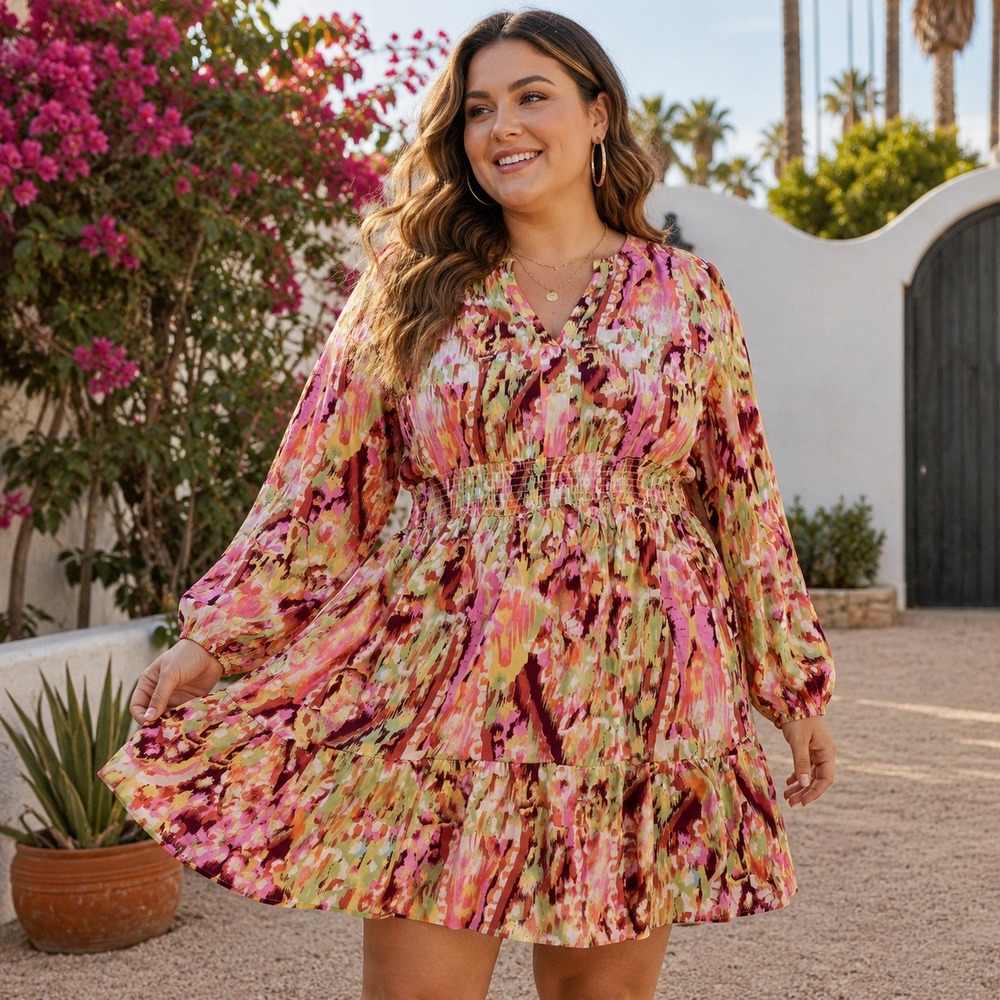 Chic Soul Pink Multi Abstract Print Smocked Waist Tiered Mini Dress 1X